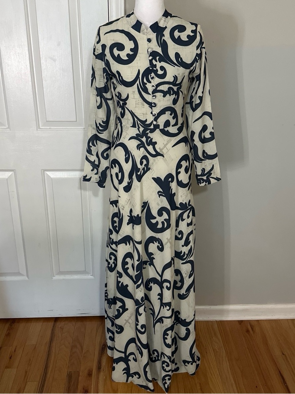 Ivory and Navy Scroll-Print Long Sleeve Maxi Dress